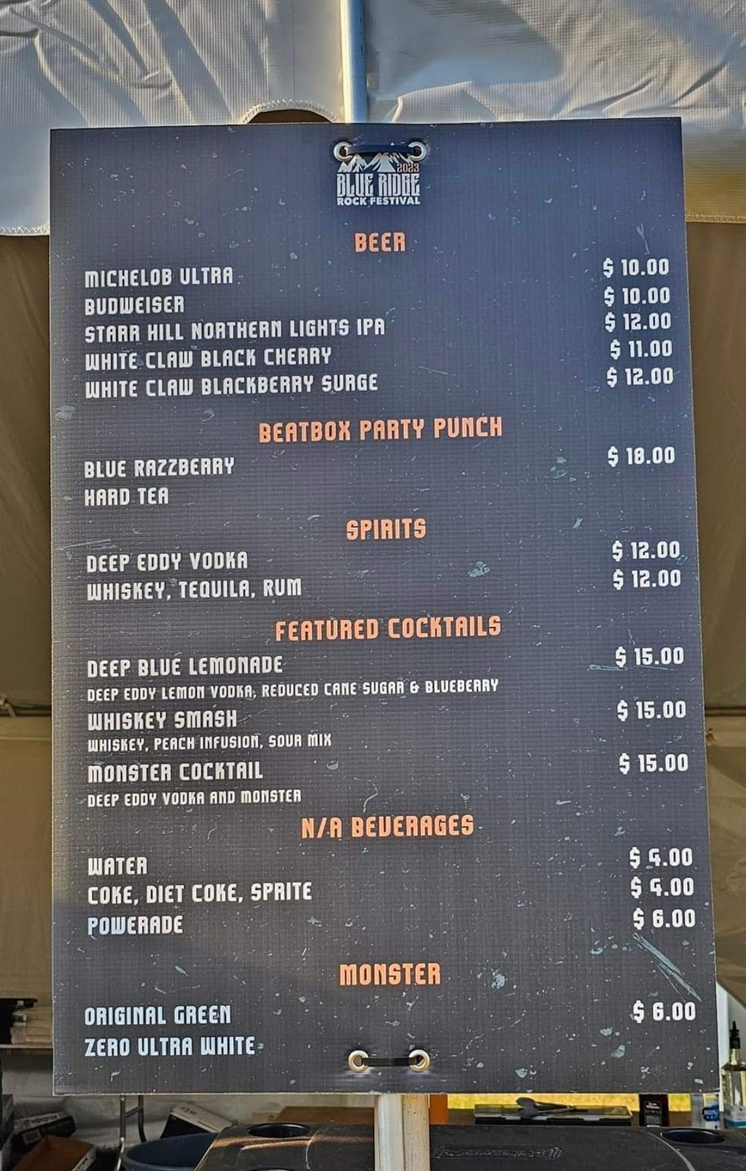 Blue Ridge Rock Fest 2023 beverage pricing.